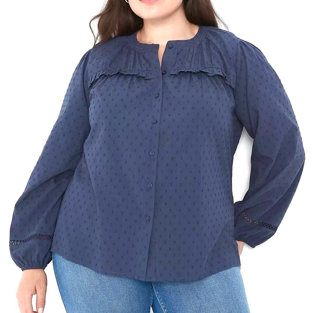 Lane Bryant Dark Blue 100% Cotton Long-Sleeve Flounce Button-Down Top‎ (24)